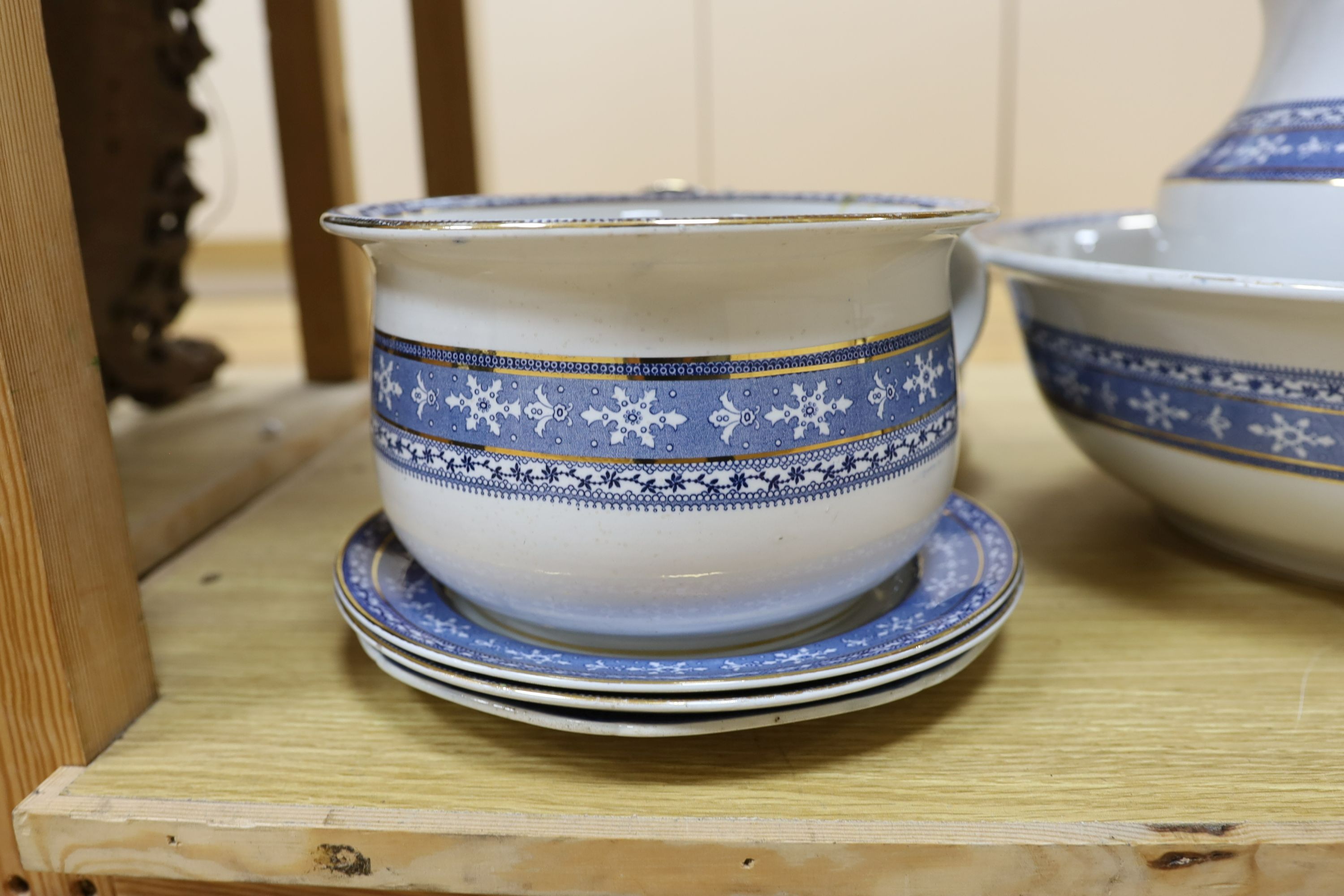 A blue and white Maltese pattern ceramic toilet set and a pearlware plate